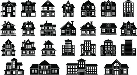 Black-and-white building icon set, residential and commercial architecture silhouettes, urban planning vector, diverse home and office styles