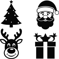 Minimal black and white Christmas icons set, stylized tree with star, Santa Claus face, cheerful reindeer head, wrapped gift box, festive holiday vector