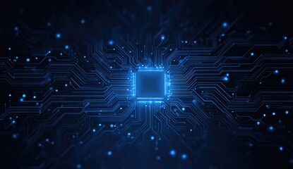 Glowing blue CPU circuit board, with intricate pathways and data points