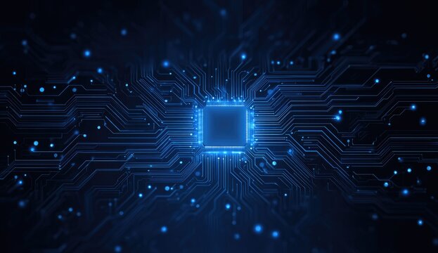 Glowing blue CPU circuit board, with intricate pathways and data points - Powered by Adobe