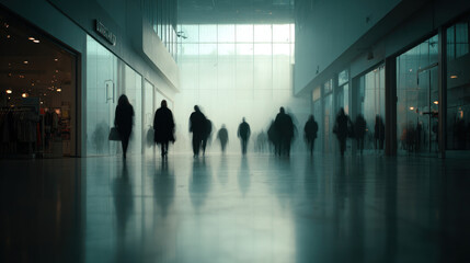 Silhouettes of people walking through foggy shopping mall
