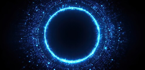 A glowing blue ring, surrounded by a complex pattern of light and a dark void in the center