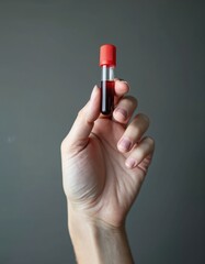 Hand holds vial with blood sample for medical testing. Lab work for diagnostics and analysis. Health check examination, clinical research, medical science concept.