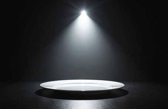 White plate sits center stage under bright spotlight beam. Dark background with moody atmosphere, simple clean presentation. Product display for culinary art. - Powered by Adobe