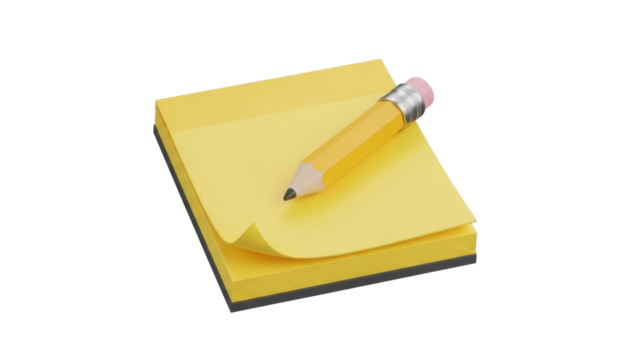 3D icon sticky note pad with pencil, isolated on white background