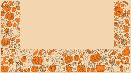 A halloween themed border with pumpkins ghosts spiderwebs and candy corn on a beige background color