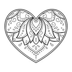 Mehndi flower pattern in form of heart for Henna drawing and tattoo. Decoration in ethnic oriental, Indian style. Valentine's day greetings. Coloring book page.