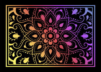 Color decorative panel with circular pattern in form of mandala with flower for decoration or print. Decorative ornament in ethnic oriental style. Rainbow design on black background.