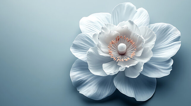 White artificial flower from a top view in minimal crisp bright light.