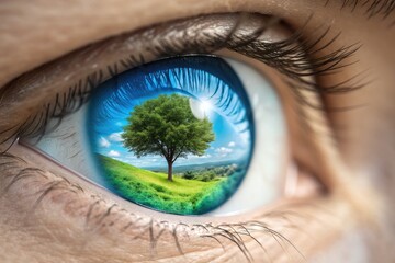 Naklejka premium Reflection of a Lush Green Landscape in a Human Eye Showing Nature's Beauty
