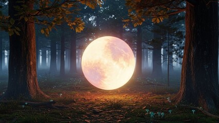 A mystical, glowing orb floating in a dense, foggy forest with mushrooms and trees in the foreground and background.
