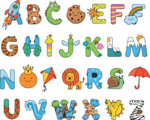 Funny Children Alphabet Clipart | Cute Kids Letters A&ndash;Z | Playful Child Theme Alphabet PNG | Colorful Kids Font