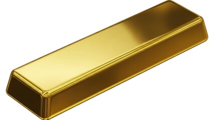 A shiny, gold-colored bar of gold on a white background.
