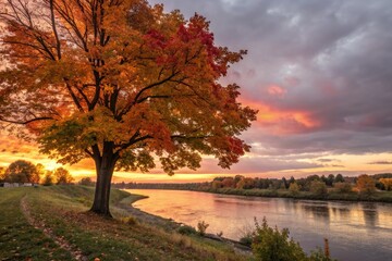 Fototapeta premium Vibrant Autumn Sunset by the River With Colorful Trees and Peaceful Scenery