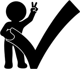 human with big positive symbol, human with big positive symbol in hands, The person holding the V sign only used black lines Pictogram. Generative AI
