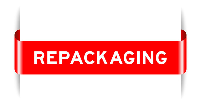 Red color inserted label banner with word repackaging on white background