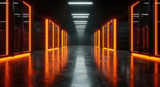 Illuminated server room hallway with orange glowing racks, reflective floor, and dim lighting