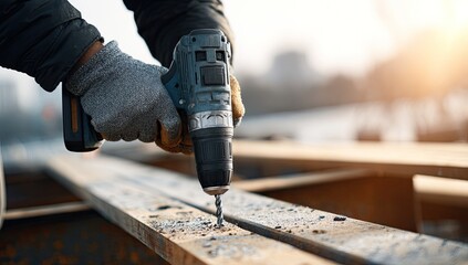 A gloved worker uses a power drill on a metal beam outdoors, sun shining