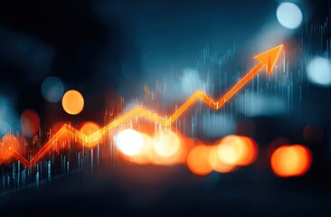 Glowing orange line symbolizing growth ascending amid blurred cityscape lights and bar graphs