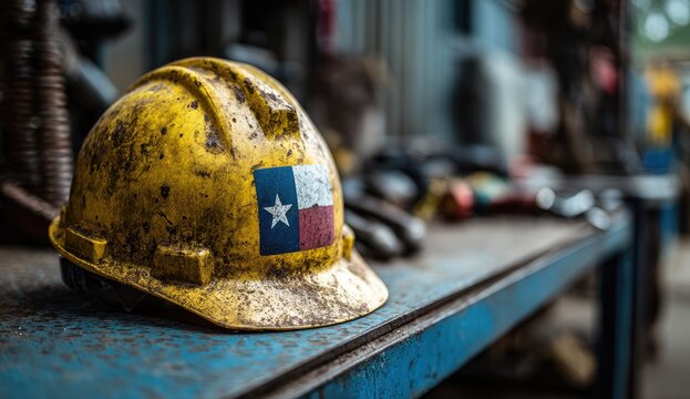 A yellow construction helmet, emblazoned with a state flag, rests on a worn work surface