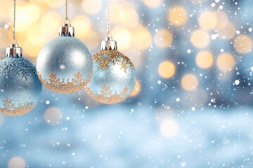 Fototapeta premium Frosted Blue and Gold Christmas Ornaments with Snowflake Patterns