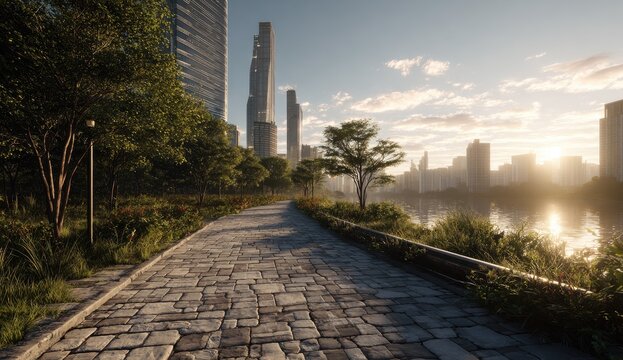 Stone pathway along waterside park in city with skyscrapers, trees and golden sunlight