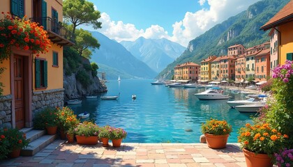 Obraz premium Colorful Italian village houses line tranquil blue lake. Boats moor in clear turquoise water. Majestic mountains rise in background. Bright flowers adorn buildings, creating idyllic summer travel