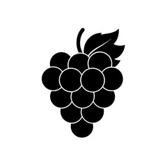 Black grape cluster icon with leaf and stem, fruit pictogram.