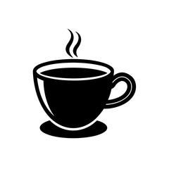 Simple black icon of a steaming coffee cup, perfect for drinks