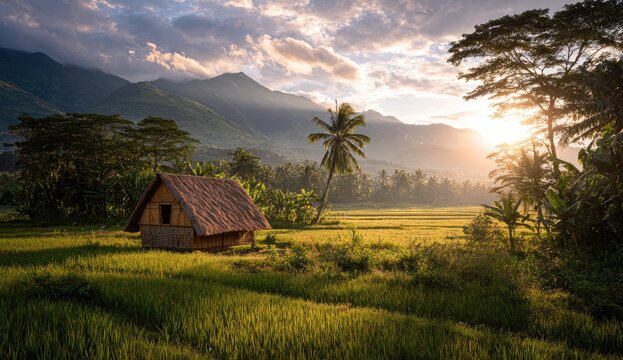 Serene landscape A small dwelling sits amid rice fields, mountains, and tropical vegetation, at sunset - Powered by Adobe