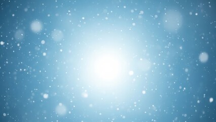 Winter snowfall abstract background with shimmering white particles and bright central light source creating a serene blue atmosphere