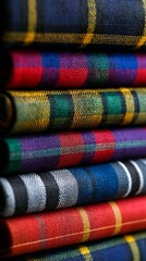 Vibrant tartan fabric patterns stacked closely, showcasing intricate woven textures in rich colors of blue, red, green, yellow, and black