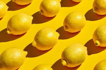 Seamless pattern of fresh lemons on a bright yellow background
