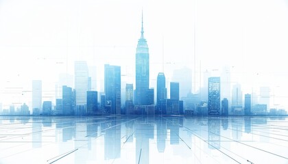 Obraz premium Futuristic city skyline rendered as blueprint, with modern skyscrapers reflected in glossy surface. Architectural plan, design elements create digital cityscape. Represents urban development, future