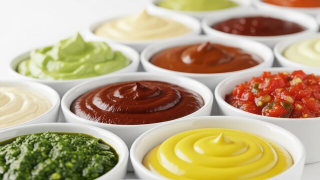 Vibrant assortment of delicious sauces, dips, and condiments including ketchup, mustard, pesto, guacamole, and salsa in white bowls isolated.