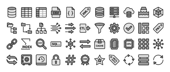 Data management solid icon set. containing database, csv, xml, e
