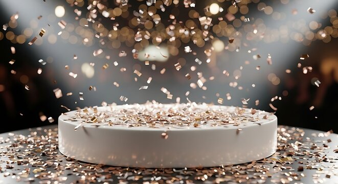 Golden confetti cascades over a pristine white podium, illuminated by spotlights, symbolizing success, triumph, and special recognition