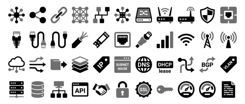 Networking and security solid icon set. contains server, cable,