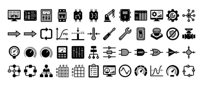 Industrial automation and control solid icon set. containing plc