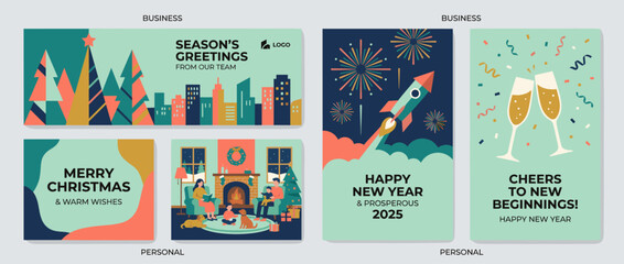 Holiday greeting cards solid icon set. containing christmas, new