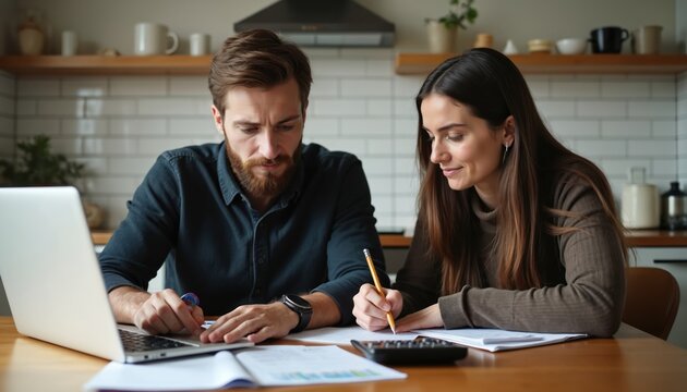Couple sit at kitchen table manage finances. Man uses laptop, woman writes on paper. They count expenses, check bills, and plan budget. Relationship financial management at home.
