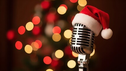 Classic vintage microphone adorned with a bright red santa hat, set against a warm, festive backdrop of blurry christmas lights and bokeh