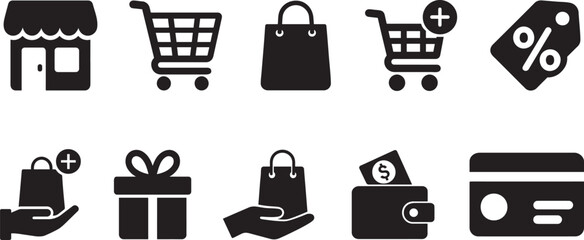 Silhouette shopping set icons featuring cart, bag, basket, tag, store, and payment symbols.