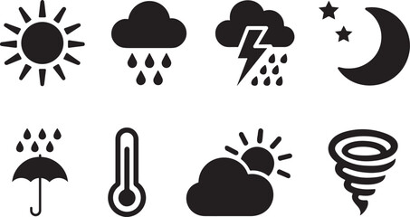 Silhouette weather set icons featuring sun, cloud, rain, storm, and seasonal climate symbols.