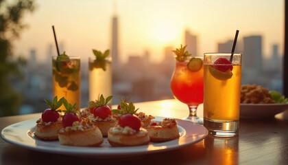 Refreshing cocktails and gourmet appetizers sit on a table at a luxury rooftop bar. Golden sunset light illuminates a blurred city skyline. People enjoy happy hour drinks and food at dusk. © Pete