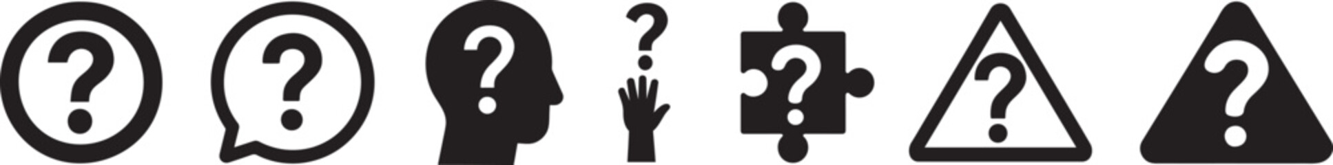 Silhouette question icon set featuring help, inquiry, doubt, support, and FAQ symbols.