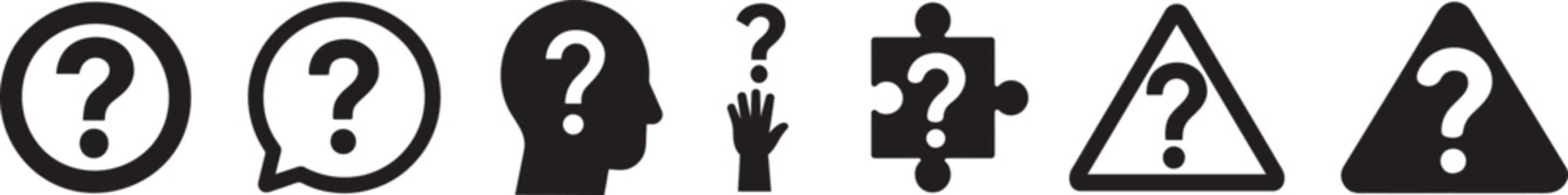 Silhouette question icon set featuring help, inquiry, doubt, support, and FAQ symbols.