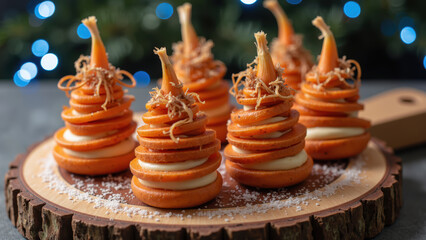 Delicious stacked pastries with orange layers and creamy filling, beautifully presented on wooden platter, evoke festive atmosphere