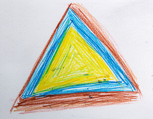 Colorful, whimsical drawing of concentric triangles. Expressive, childlike art with crayon texture. Perfect for creativity, education, or abstract backgrounds.