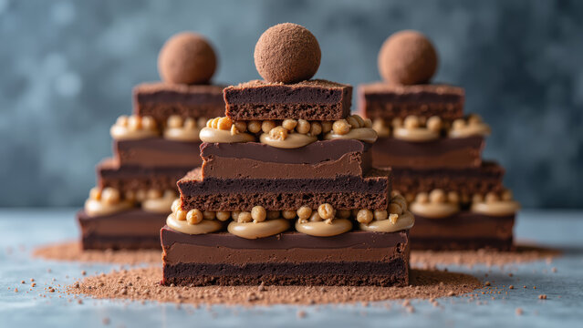 Decadent chocolate cake layers with creamy filling and topped with cocoa truffles create indulgent dessert display - Powered by Adobe
